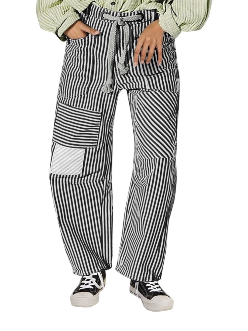 Striped Patchwork Women’s Jeans - Black & White